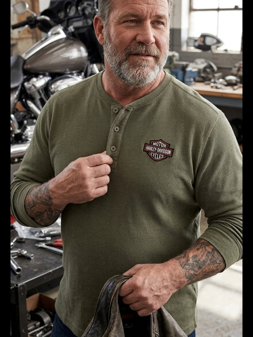 Harley-Davidson Olive Green Henley Long-Sleeve Shirt with Chest Patch